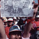 A Chinese protestor holds up a caricature of premier Li during an anti-government demonstration in Tiananmen Square on May 25, 1989.